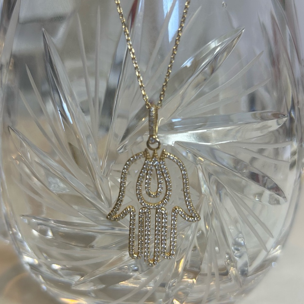 Hamsa Hand Necklace Pendant Chain Gold Rhinestone Protection Luck Yoga Spiritual